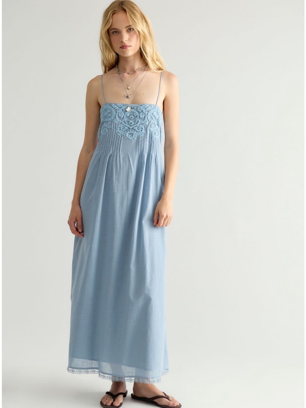 Free People Sky Dancing Midi Dress Small Dusty Blue NWT Scallop Lace Embroidered